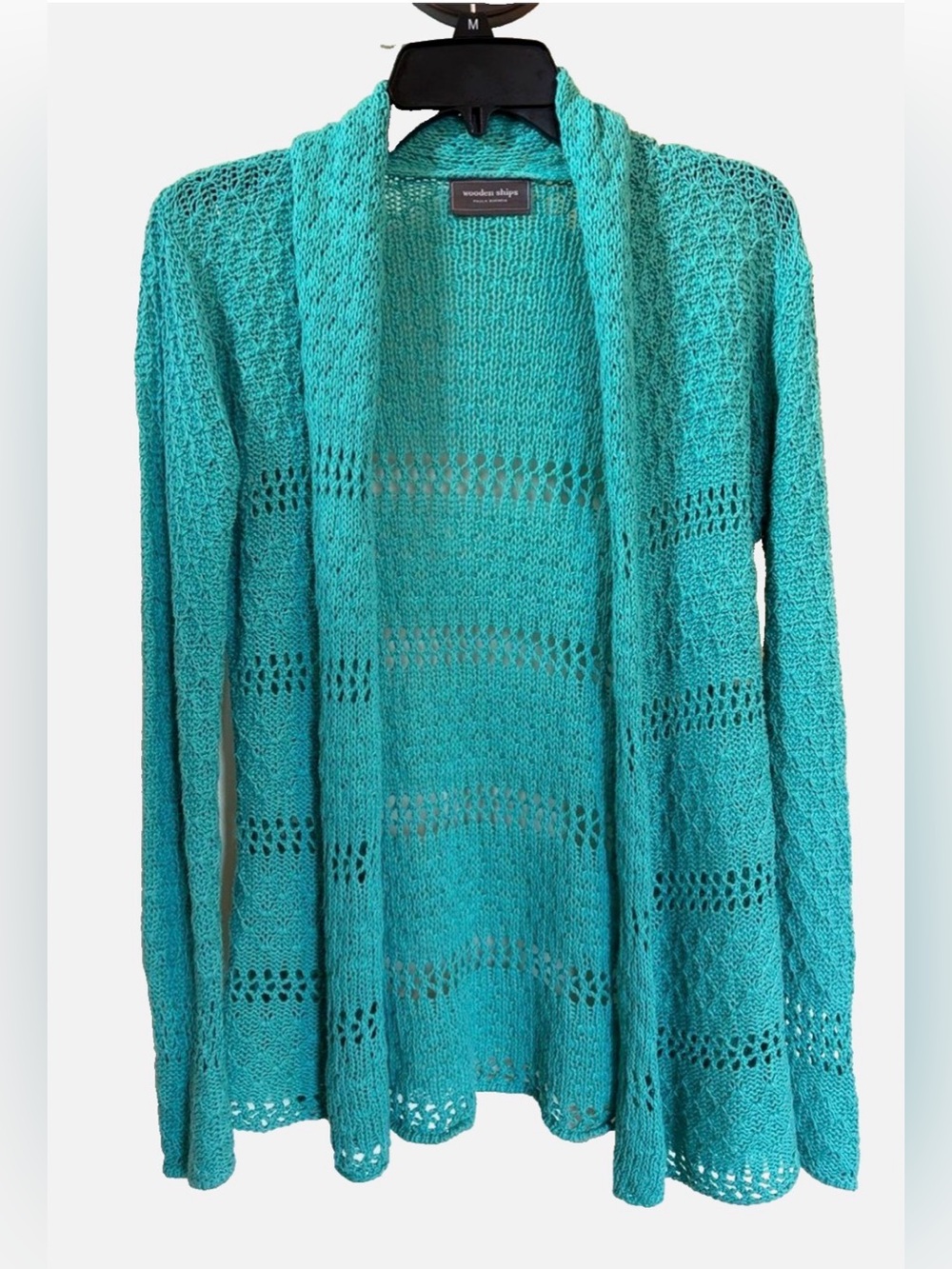 Wooden Ships Open Knit Cardigan S/M Turquoise Cotton Lightweight Beach Sweater